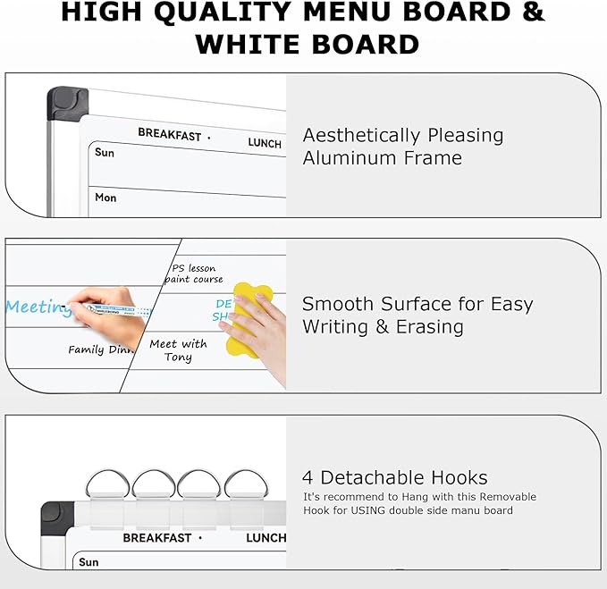 EAONE Weekly Meal Planner & Whiteboard for Wall Double-Sided, 16 x 12 IN Magnetic Dry Erase Menu Board for Kitchen/Food Calendar/Grocery Shopping Lists, with 8 Markers & Eraser & 4 Magnets