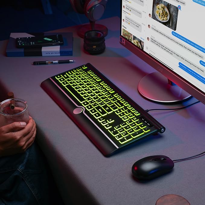 Wired Keyboard and Mouse Combo, Backlit Computer Keyboards with Wrist Rest, Light Up Keyboard Easy to See, 7-Color Backlit Keyboard and Optical Mouse for Windows, PC, Laptop, USB Plug and Play
