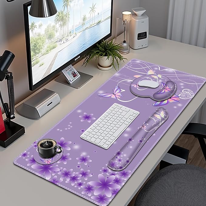 Purple Butterflies Florals Mouse Pad, XXL Large Desk Mat Extended Reading Desk pad, 4PCS Non-Slip Rubber Base Computer Big Mousepads for Work, Game, Office, Home Decor Girls Woemn Gifts Accessories