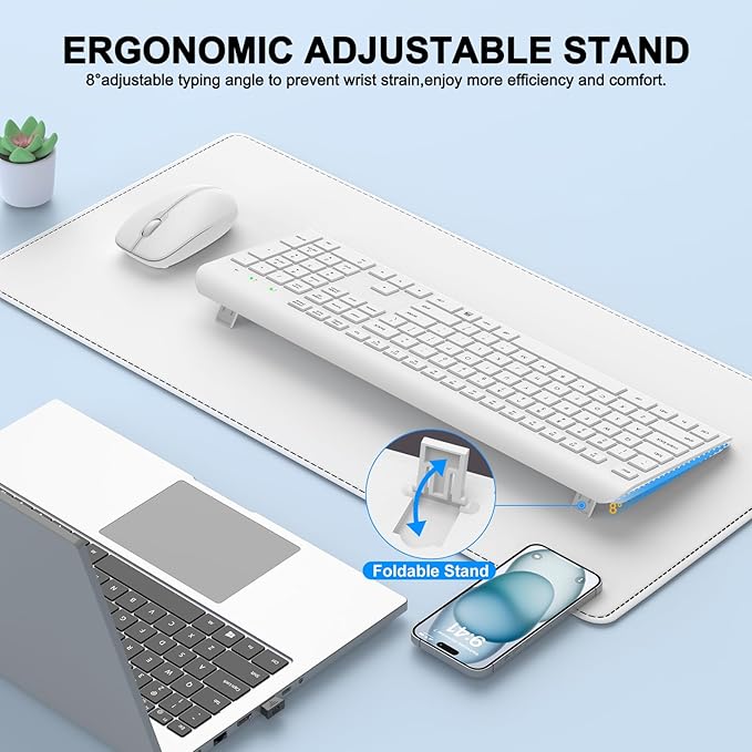 Wireless Keyboard and Mouse Combo, Full-Size Silent Ergonomic Keyboard and Optical Mouse, Long Battery Life, 2.4GHz Lag-Free Cordless Mice Keyboard for Computer, Mac, Laptop, PC, Windows(White)