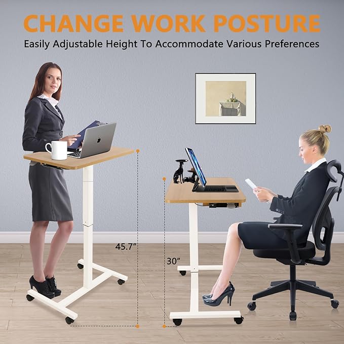 CLATINA Mobile Laptop Standing Desk, Height Adjustable Teacher Podium with Lockable Wheels, Adjustable Work Table with Drawer, Computer Cart Overbed Table for Home Office Classroom, Beige
