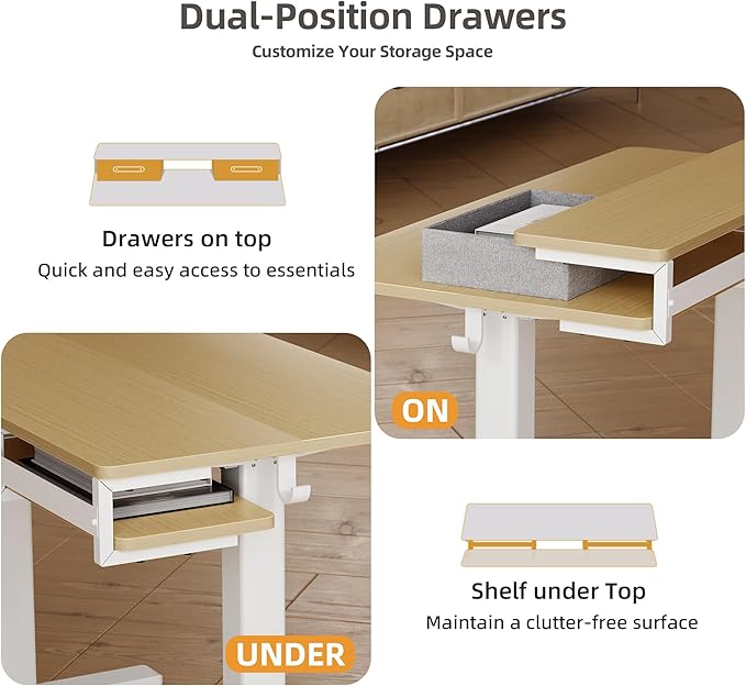 Seang Electric Standing Desk with 2 Drawers, Adjustable Standing Desk with Storage Shelf, Height Adjustable Stand up Desk for Home Office with 3 Presets & 2 Hooks,55 Inch, Natural
