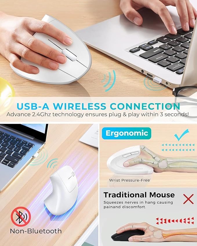 2.4G Wireless Vertical Mouse, Rechargeable Ergonomic Optical Mice: 3 Adjustable DPI 800/1200/1600 Levels 6 Buttons, for Laptop, PC, Computer, Desktop, Notebook etc, White