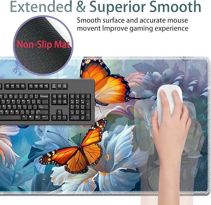 Large Gaming Mouse Pad + Keyboard Wrist Rest + Wrist Support + Coaster Set, Memory Foam Ergonomic for Easy Typing, XXL Extended Gaming Mouse Pad Table Pad - Painting Butterfly