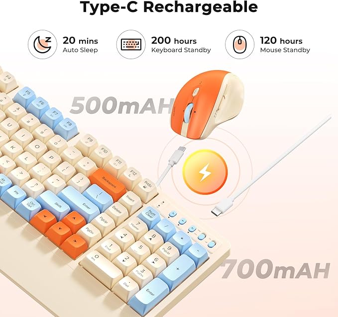 MEETION Cute Wireless Keyboard and Mouse, Colorful Retro Keycap, Bluetooth Ergonomic Rechargeable Keyboard with Detachable Wrist Rest Cover, 4 DPI Swing Mouse, for Computer/Laptop/PC/Windows/Mac Cream