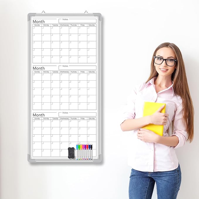 Lincia 36" x 18" Magnetic Vertical 3 Month Dry Erase Calendar for Wall Undated Horizontal Dry Erase Wall Calendar Planner Aluminum Frame Whiteboard for Home Office Projects Fridge