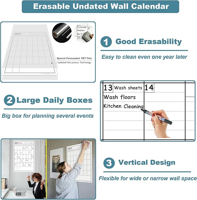 Large Dry Erase Calendar For Wall Monthly,24x36 Inch Big Vertical Blank White Board Calendar Fit to Narrow Wall,Giant Laminated Erasable 30 Day Schedule Planner Poster for Family,Office,Classroom