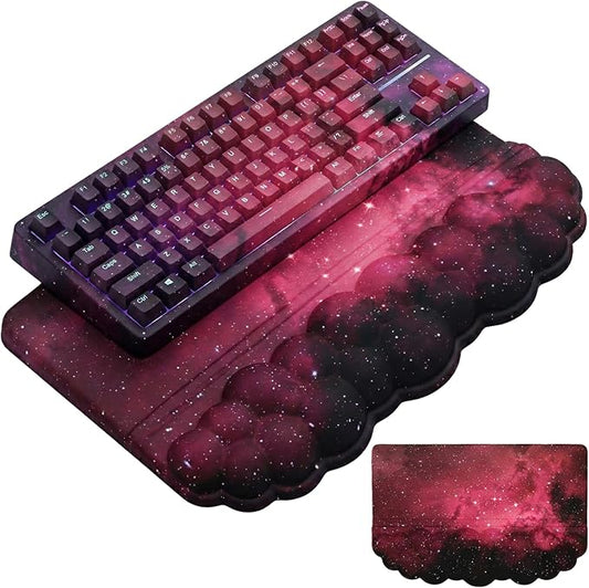 Computer Keyboard Stand Pad with Wrist Rest Dark Pink Cloud Keyboard Pad Support with Comfortable Black Galaxy Stars Wrist Pad Cute Girl Ergonomic Tilted Keyboard Riser Holder for Desktop Office Home