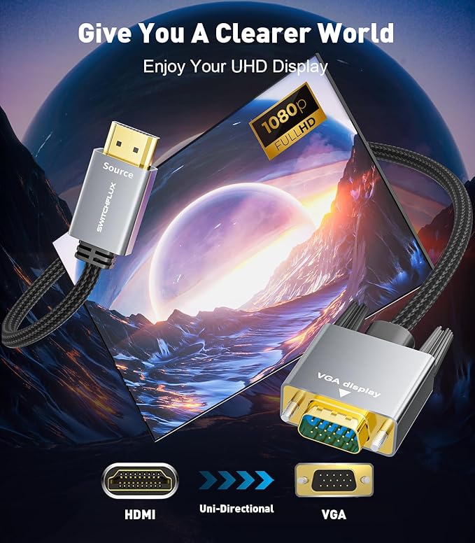 HDMI to VGA Adapter Cable 3FT [Metal Case, Nylon Cable] 1080P@60Hz HDMI Male to VGA Male Uni-Directional Braided Cord for Computer, Laptop, Monitor, Roku, Xbox, Graphics Card More