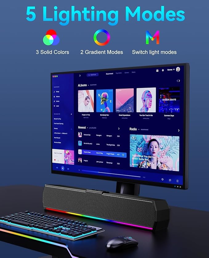 Kunodi USB Computer Speakers for Desktop Monitor, PC Speakers with Stereo Sound, Colorful Light Modes, Plug & Play, USB C Powered for Computer Laptop Monitor Tablet Work