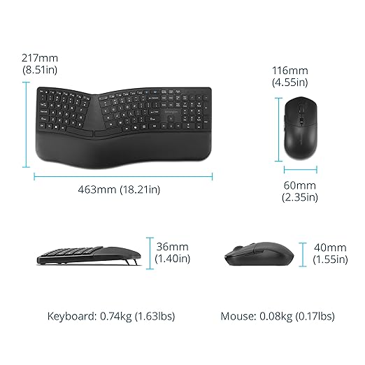 Kensington Pro Fit Ergo KM680 EQ Wireless Keyboard and Mouse Desktop Set, Rechargeable, Ergonomic Design, Split-Keyboard (K72486NA)