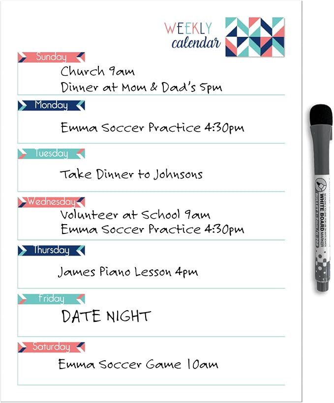 Dry Erase Weekly Calendar Planner Sticker Decal | Removable & Reusable | Magnetic Fine-Tip Marker Included (9 x 12 inches, Geometric)