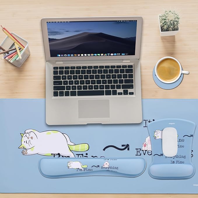 MEGREZ 4-in-1 Ergonomic Memory Foam Wrist Rest Set, Desk Pad, Mouse Pad with Wrist Rest, Keyboard Pad, Suitable for Office Workers, Programmers & Gamers–Relieve Typing & Gaming Fatigue, Grey