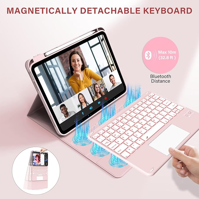 for iPad A16 11th 10th Case with Keyboard: Backlit Keyboard Case with Trackpad & Pencil Holder, Magnetic Detachable for Students Daily Learning & Note-Taking, Pink