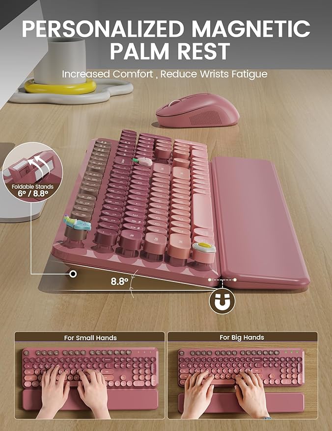 Wireless Keyboard and Mouse Combo, Typewriter Keyboard with Detachable Wrist Rest, Full-Size Retro Round Keycaps, Smart-Sleep, 2.4GHz Stable Connection for Mac/Windows/PC, Trueque(Ombre Dusty Rose)