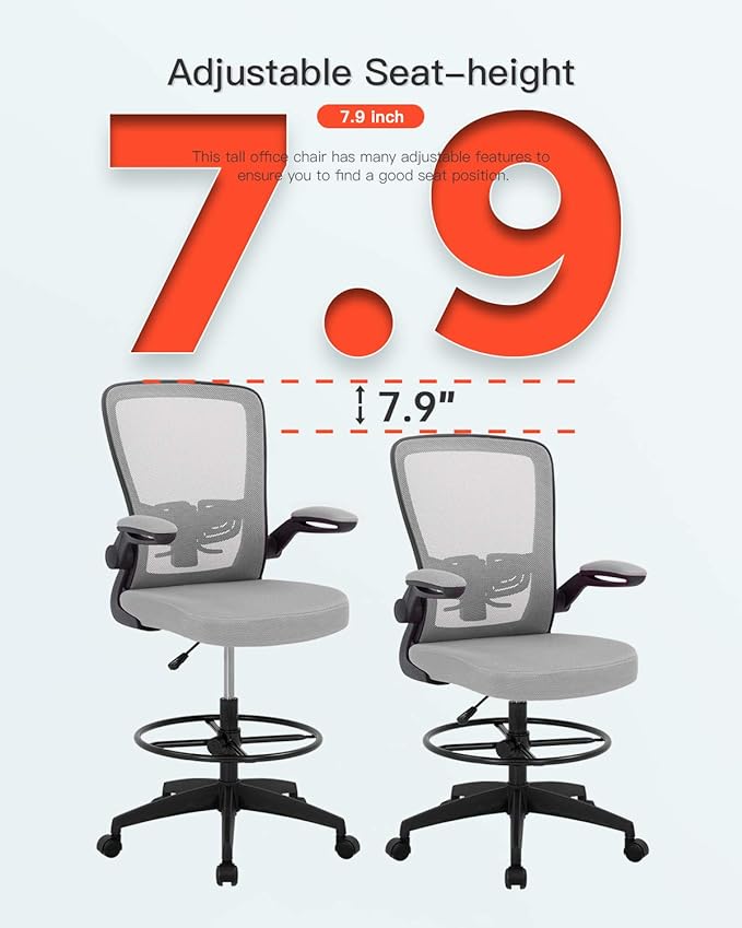 BestOffice Drafting Chair Tall Office Chair Standing Desk Chair with Lumbar Support Height Adjustable Armrest Footrest Mid Back Swivel Rolling Mesh Computer Chair Drafting Stool Grey