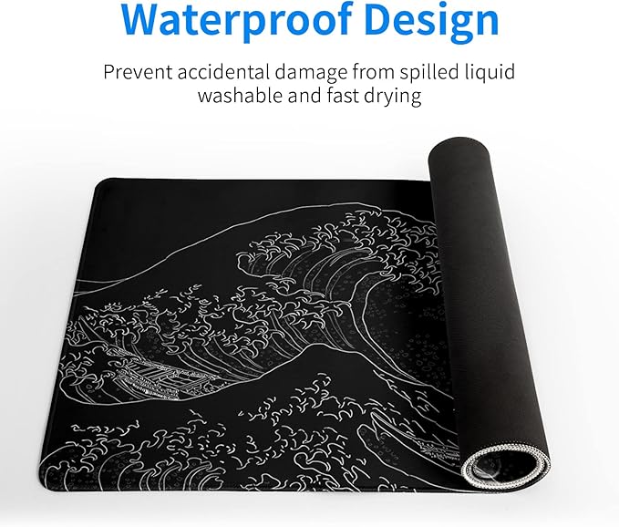 Japanese Sea Wave Large Mouse Pad, Anime Black Gaming, Extended Kanagawa Mat Desk Pad, 3mm Thick Long Non-Slip Rubber Base Mice Pad, 31.5 X 11.8 Inch