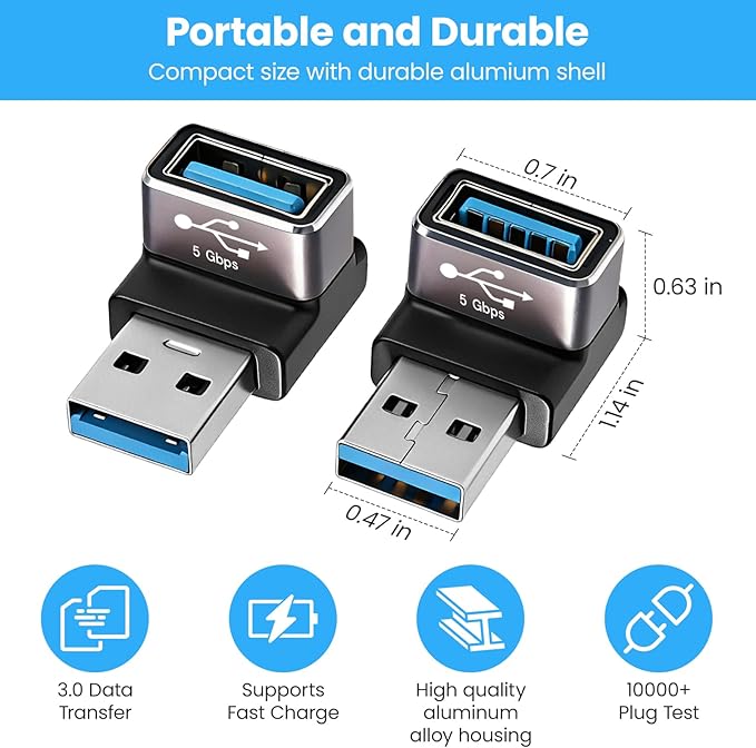 Right Angle USB Adapter 4-Pack OTG 90 Degree USB 3.0 Male to Female Connector (Left & Right, Up & Down), Support Charge and Data Sync (5GBps) for PC, Laptpo, Mouse, Keyboard and More