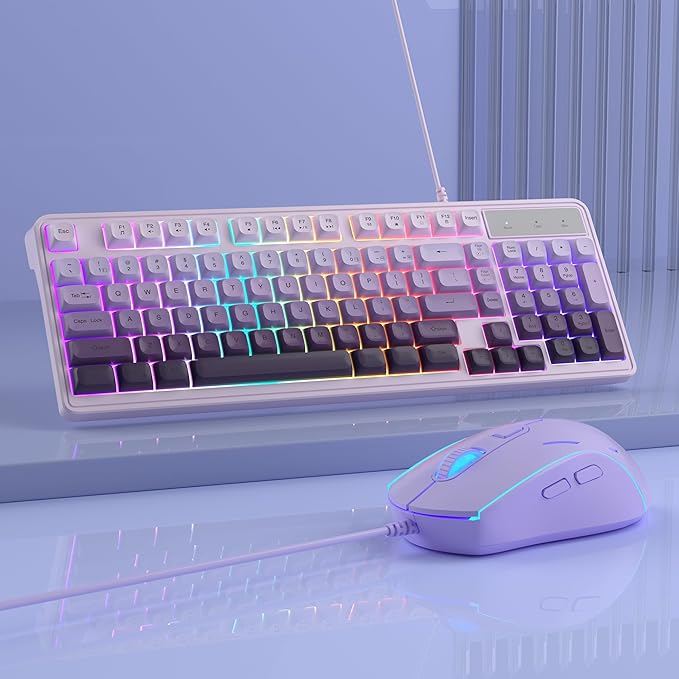 Camiysn Wire Gaming Keyboard, 7 Colorful Rainbow Backlight Classic Gaming Keyboard (Purple-Set)