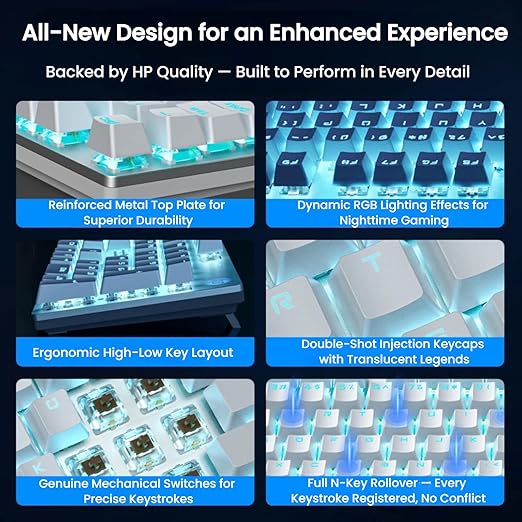 HP GK400F Mechanical Gaming Keyboard, Wired USB, 104 Keys Full Size, Tactile Brown Switch, Blue LED Backlit, Anti-Ghosting, Ergonomic Metal Panel, ABS Keycaps, Silver & White