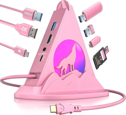 USB C Hub, Pink 8-in-1 Type C Multiport Adapter with 4K@30Hz HDMI, 100W PD, 5Gbps 1xUSB-C, 3xUSB-A 3.0, SD/TF Slots ＆ RGB Lighting, Pink USB Hub for MacBook Air/Pro, iPad, iMac, Surface, XPS