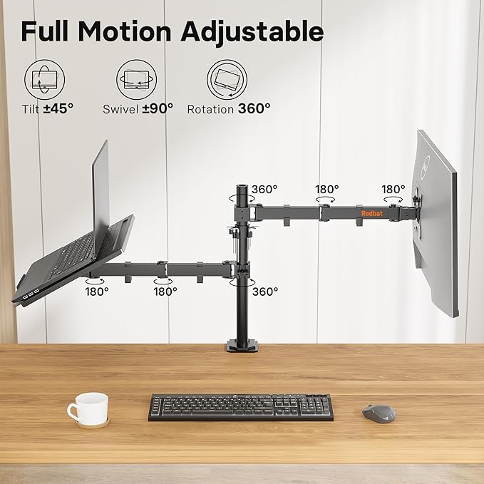 Redbat Monitor and Laptop Mount Stand, Fully Adjustable Monitor Arm with Vented Tray for 13" to 32" LCD Screens and Notebook up to 16", Holds up to 22lbs, VESA Compatible, Dual Mounting Options