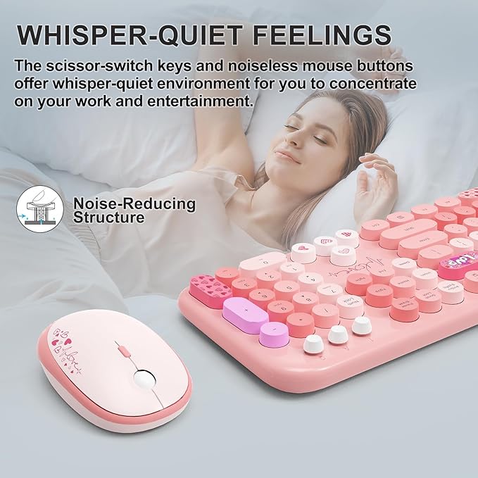 Wireless Keyboard and Mouse Combo, 104 Round Keys Full-Size Cute Colorful Pink Cordless Keyboard and Mouse with Retro Typewriter for PC/Mac/Laptop/Tablet/Computer/Windows Pink