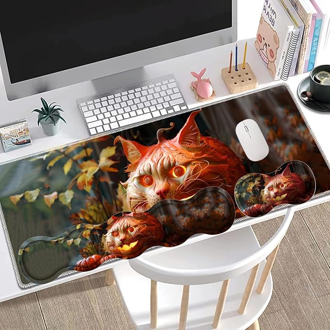 Large Gaming Mouse Pad + Keyboard Wrist Rest + Wrist Support + Coaster Set, Memory Foam Ergonomic for Easy Typing, XXL Extended Gaming Mouse Pad Table Pad - Pumpkin Cat