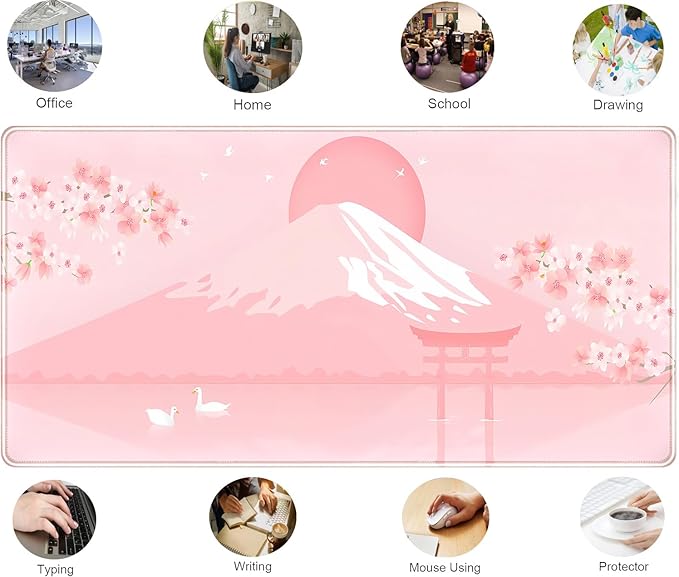 Pink Desk Pad, Japanese Mount Fuji Mouse Pad XXL, Cute Cherry Blossom Deskmat, Large Anime Game Computer Keyboard Mouse Mats, Women Full Desktop Protector, Home Office Accessories 31.5"X15.7"