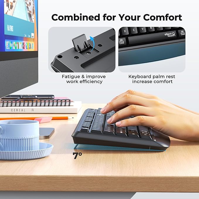 Wireless Keyboard and Mouse Combo, 2.4G/Bluetooth Silent Full-Size Cordless Keyboard Mouse Combo, 3800 DPI Optical Mouse, Wrist Rest, Portable Keyboard Mouse Set for Mac, Windows, Laptop