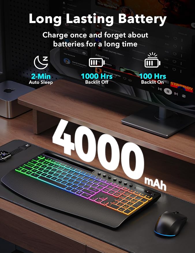 Trueque Wireless Keyboard and Mouse Combo, 4000mAh Rechargeable Backlit Keyboard with Wrist Rest & Phone Holder, Full Size Quiet Typing 2.4G USB-A/Type-C for PC Laptop Windows Mac (Black)