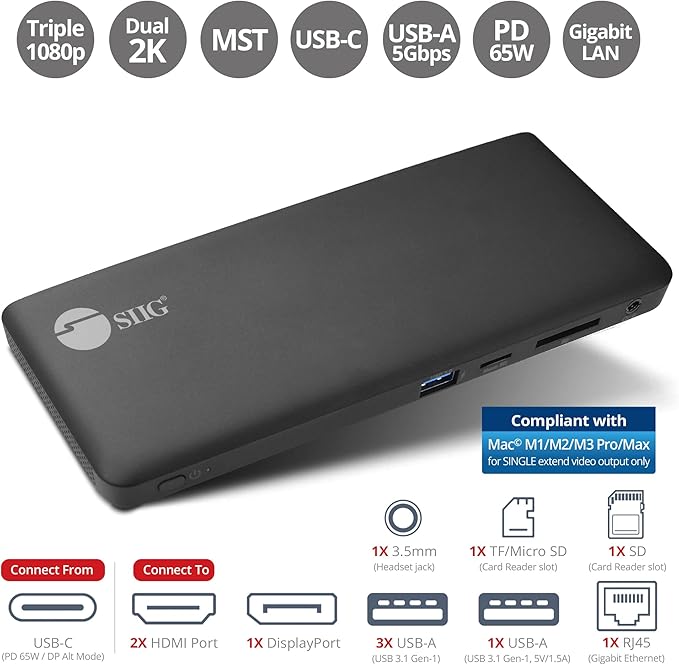 SIIG USB-C MST Triple Monitor Docking Station for Windows Thunderbolt 3 Compatible Single 4K Dual 2K Triple 1080p 65W PD, HDMI/DisplayPort, Gigabit Ethernet, SD/TF, USB 3.0 and Audio (JU-DK0R11-S1)
