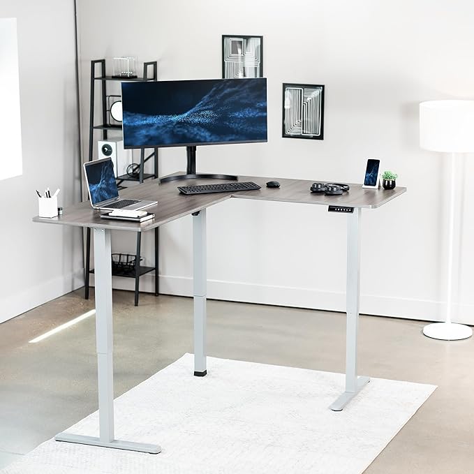 VIVO Corner Standing Desk, 63 x 55 inch Reversible L-Shaped Workstation, Electric Height Adjustment, Home, Office, and Reception Rooms, Dark Gray Table Top Gray Frame, DESK-E3CTGG