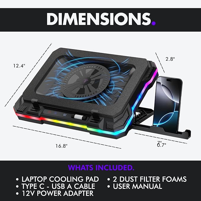 Tilted Nation Gaming Laptop Cooling Pad with USB Hub - Boost Performance, Stay Comfortable - RGB Laptop Cooler Stand with Adjustable Height & Fan Speed, RGB, USB (C + A) Hub, for 15.6" - 19" Laptops