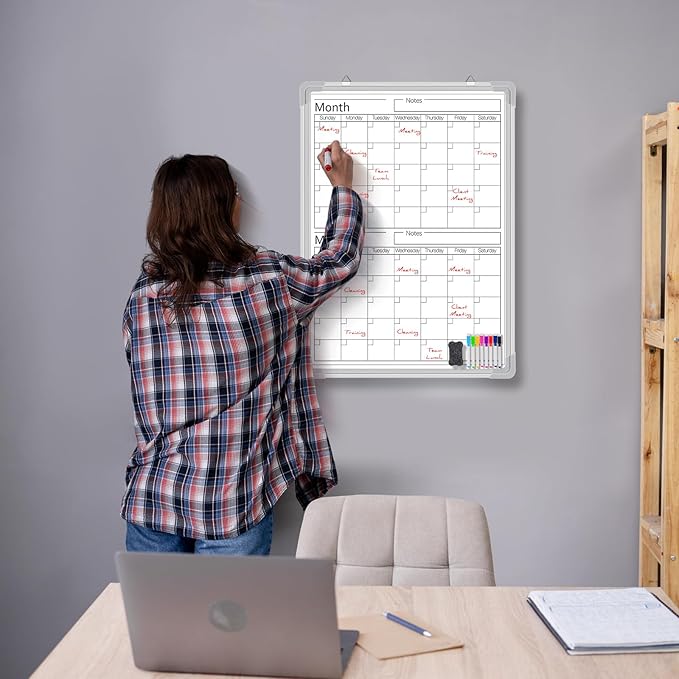 Lincia 24" x 18" Magnetic Vertical 2 Month Dry Erase Calendar for Wall Undated Horizontal Dry Erase Wall Calendar Planner Aluminum Frame Whiteboard for Home Office Projects Wall Fridge