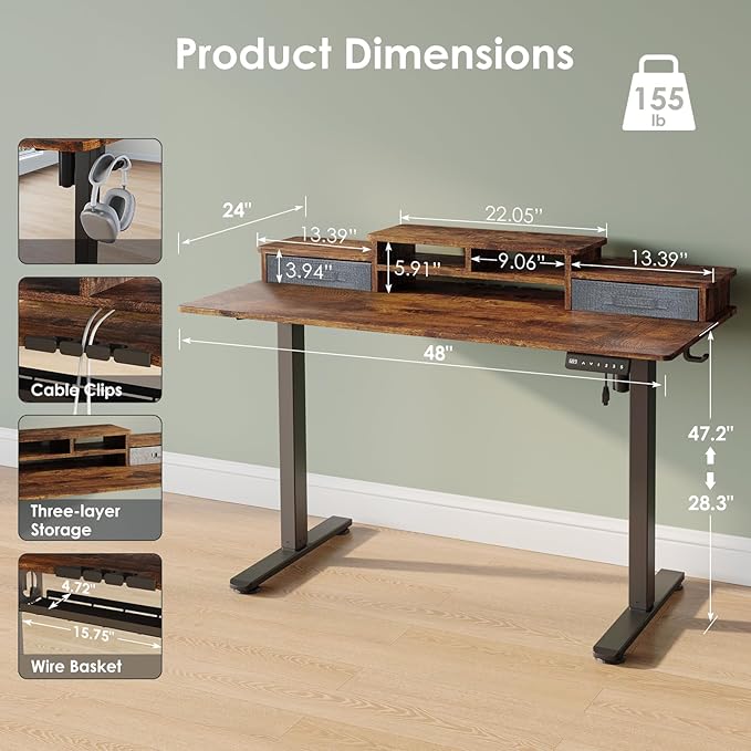 48x24 Inch Electric Standing Desk with 2 Drawers, Adjustable Height Desk with Storage Shelf, 3 Preset Heights, 2 Hooks and Cable Management, Ergonomic Rising Computer Table for Home Office
