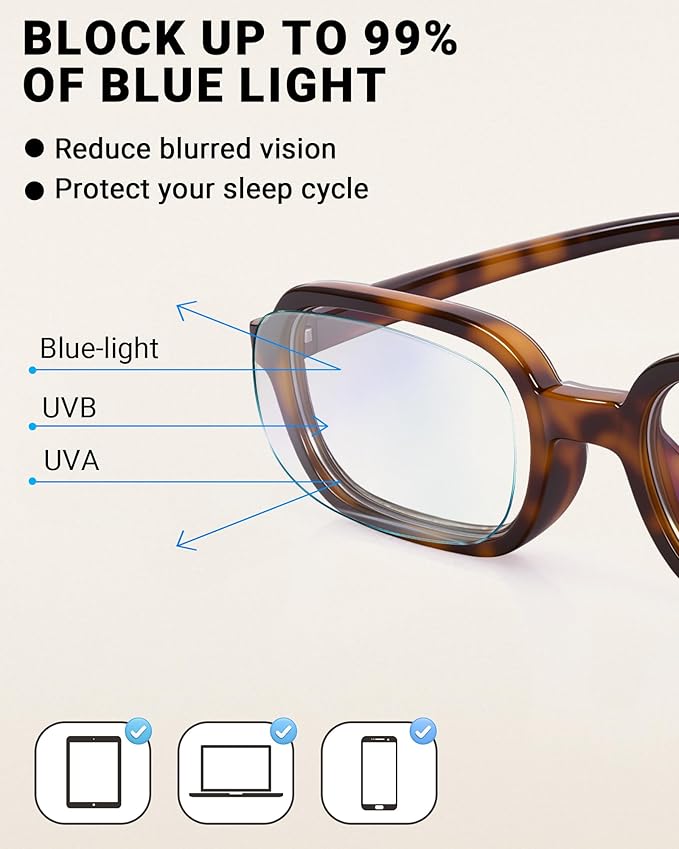 2 Pack Rectangle Blue Light Glasses for Women, Lightweight TR90 Small Frame with Spring Hinge for All-Day Comfort, Anti UV Glare & Eyestrain