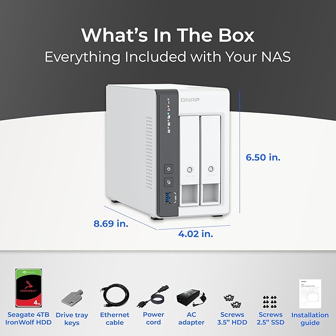 QNAP TS-216G-24ST-US 2-Bay 2.5GbE Desktop NAS, Equipped with ARM Cortex-A55 Quad-Core CPU, with 4TB Storage Capacity, Preconfigured RAID1 Seagate Iron Wolf HDD Bundle