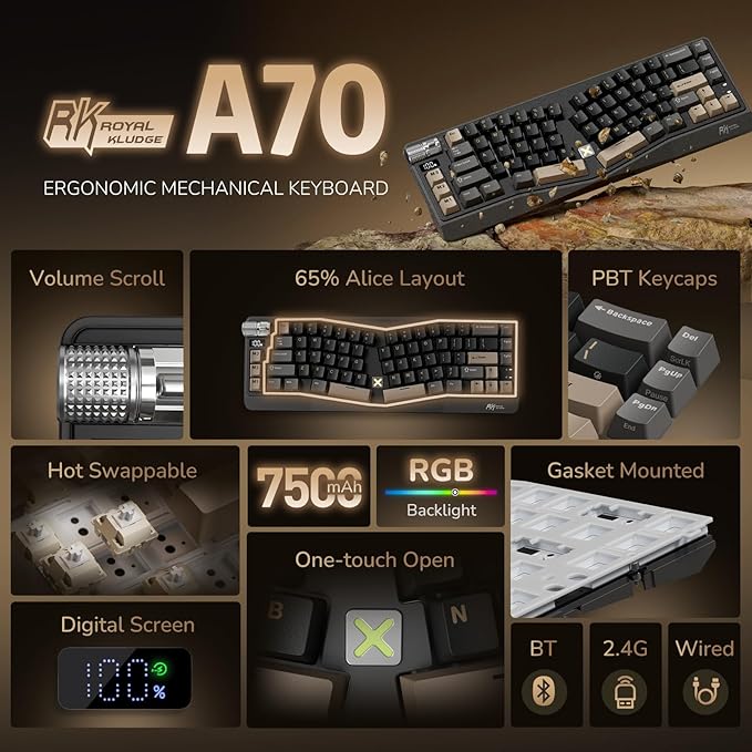 RK ROYAL KLUDGE A70 Wireless Ergonomic Keyboard, Alice Split Mechanical Keyboard w/Bluetooth/2.4GHz/Wired, 65% RGB Gaming Keyboards with Knob and PBT Keycap, Gasket Hot Swappable Linear Cream Switches