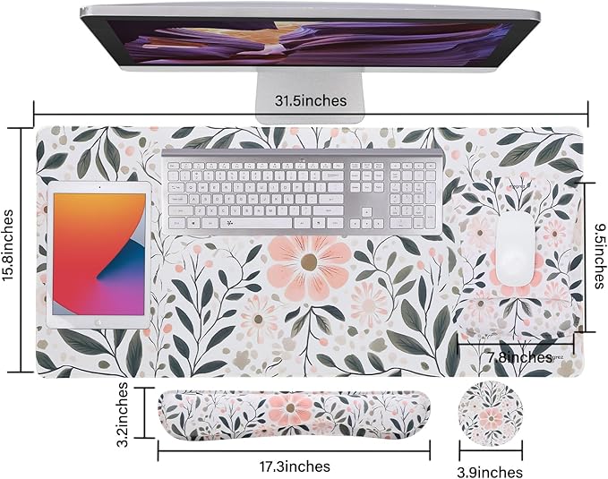 MEGREZ 4-in-1 Ergonomic Memory Foam Wrist Rest Set, Desk Pad, Mouse Pad with Wrist Rest, Keyboard Pad, Suitable for Office Workers, Programmers & Gamers–Relieve Typing & Gaming Fatigue, Red Flower