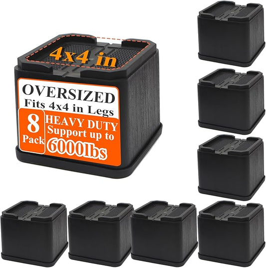 Bed Risers Oversized 8 Pack, 4 Inch Heavy Duty Furniture Risers Support Up to 6000lbs, Adjustable 8 Inch Bed Raising Blocks Couch Risers for College Dorm Rooms, Tables, Desks