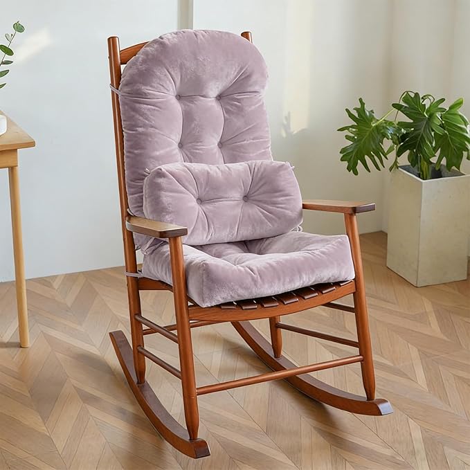 Rocking Chair Cushion Indoor Large Chair Pads Set with Ties Extra Lumbar Pillow Premium Dutch Velvet High Resilience Filler Non-Slip Bottom, Pink