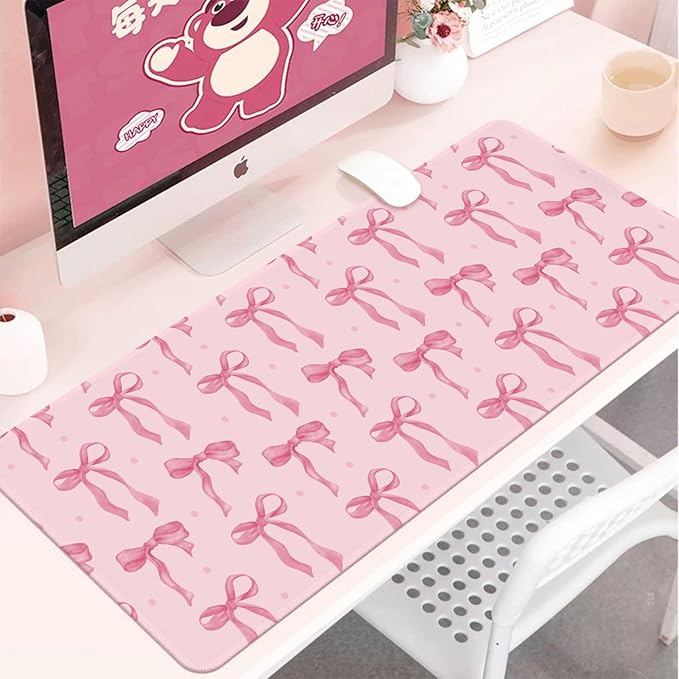 Pink Desk Mat, Pink Mouse Pad with Bows Computer Mat Desk Accessories, Large Gaming Keyboard and Mouse Pad Non-Slip Rubber Base, Cute Girly Office Supplies Desktop Decor for Girls Women 31.5 x 11.8in