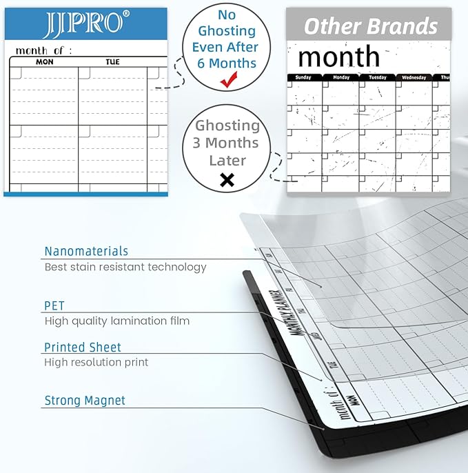 JJPRO Magnetic Dry Erase Calendar for Refrigerator-Reusable Monthly Calendar Starts Monday,Weekly Planner&to Do List for Fridge-Magnetic Monthly,Weekly Planner&List 2pcs-16.5x11"