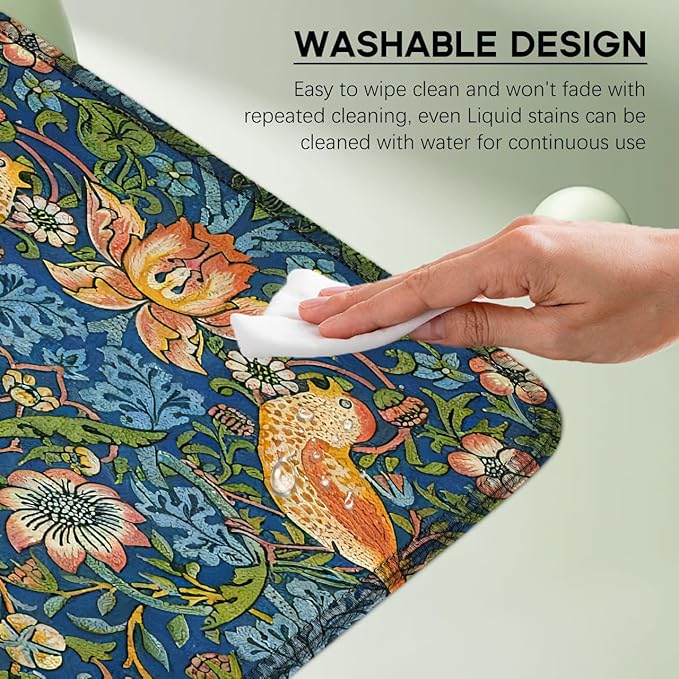 William Morris Mouse Pad, Large the Strawberry Thief Desk Mat with Famous Flower-and-Bird Art, Micro-Woven Fabric and Sewn Edge, for Office and Laptop Use, 31.5 x 11.8 Inches