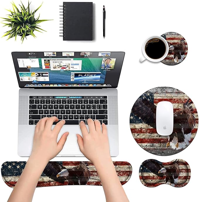 Keyboard Wrist Rest and Mouse Pad Wrist Rest Set with Coasters [4Pcs], Ergonomic Support, Non-Slip Rubber Base for Home OfficeEasy Typing & Pain Relief, Military Wall Graffiti USA Flag Eagle