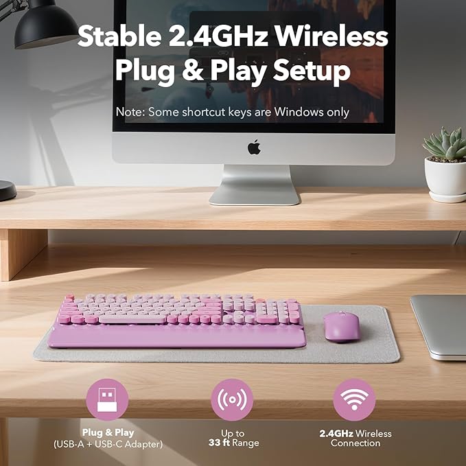 Wireless Keyboard and Mouse Combo with Detachable Magnetic Wrist Rest, Retro Typewriter-Style Keyboard, Round Keycap, Adjustable Legs, 3-Level DPI Mouse, 2.4GHz for Windows PC/Laptop (Lavender Purple)