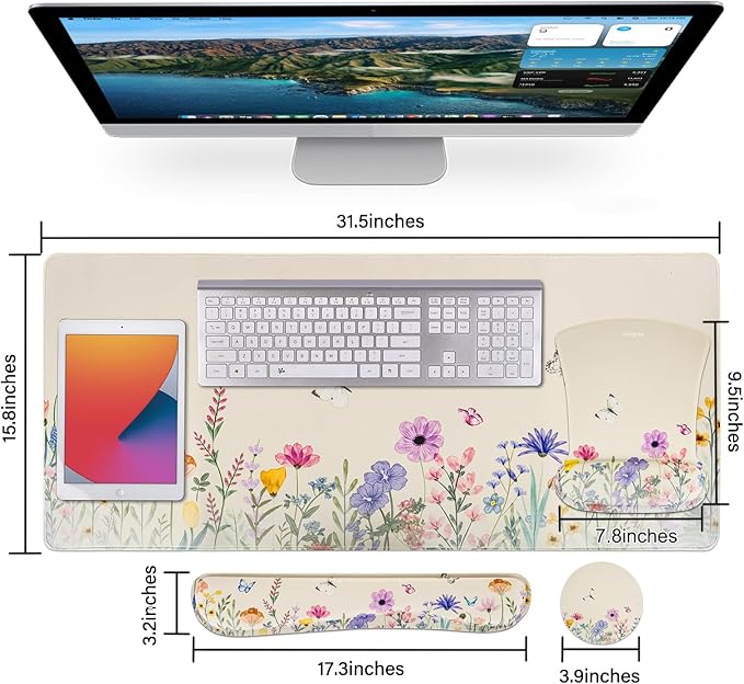 MEGREZ 4-in-1 Ergonomic Memory Foam Wrist Rest Set, Desk Pad, Mouse Pad with Wrist Rest, Keyboard Pad, Suitable for Office Workers, Programmers & Gamers–Relieve Typing & Gaming Fatigue, Light Beige