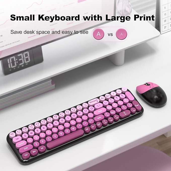 MOFII Wireless Keyboard and Mouse Combo, Compact Typewriter Retro Round Computer Keyboard and Mouse Set, Plug and Play, for Windows, Computer, Desktop, PC, Notebook - (Black Pink Gradient)