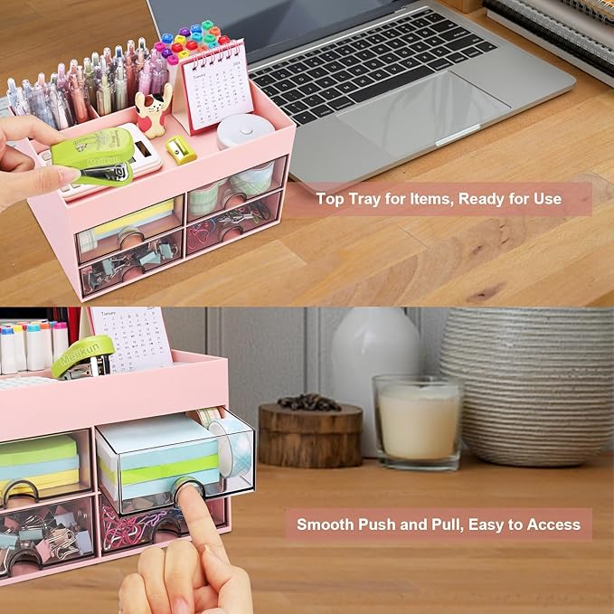 Desk Organizer, Office Organizer with Drawer, Desk Accessories & Workspace Organizers, Pen Holder Office Supplies for Desk (4 Drawers+4 Compartments, Pink)